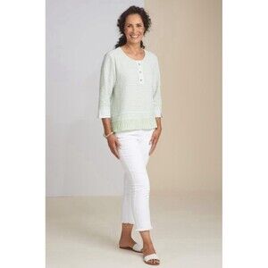 Habitat Clothes To Live In Womens 3/4 Sleeves Top Green Striped Crepe Blouse L